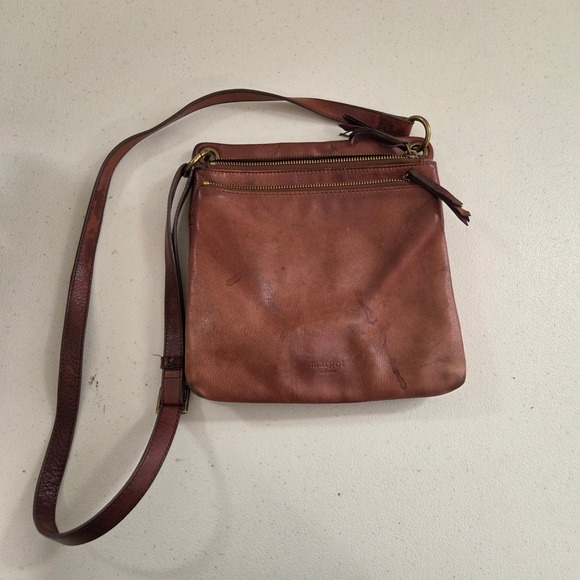 Margot New York Handbags - Margot New York Cognac Brown Genuine Leather Triple Zip Crossbody Bag Distressed